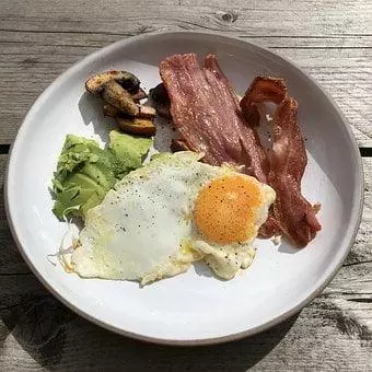 a breakfast on the keto diet with eggs, bacon, mushrooms and avocado.