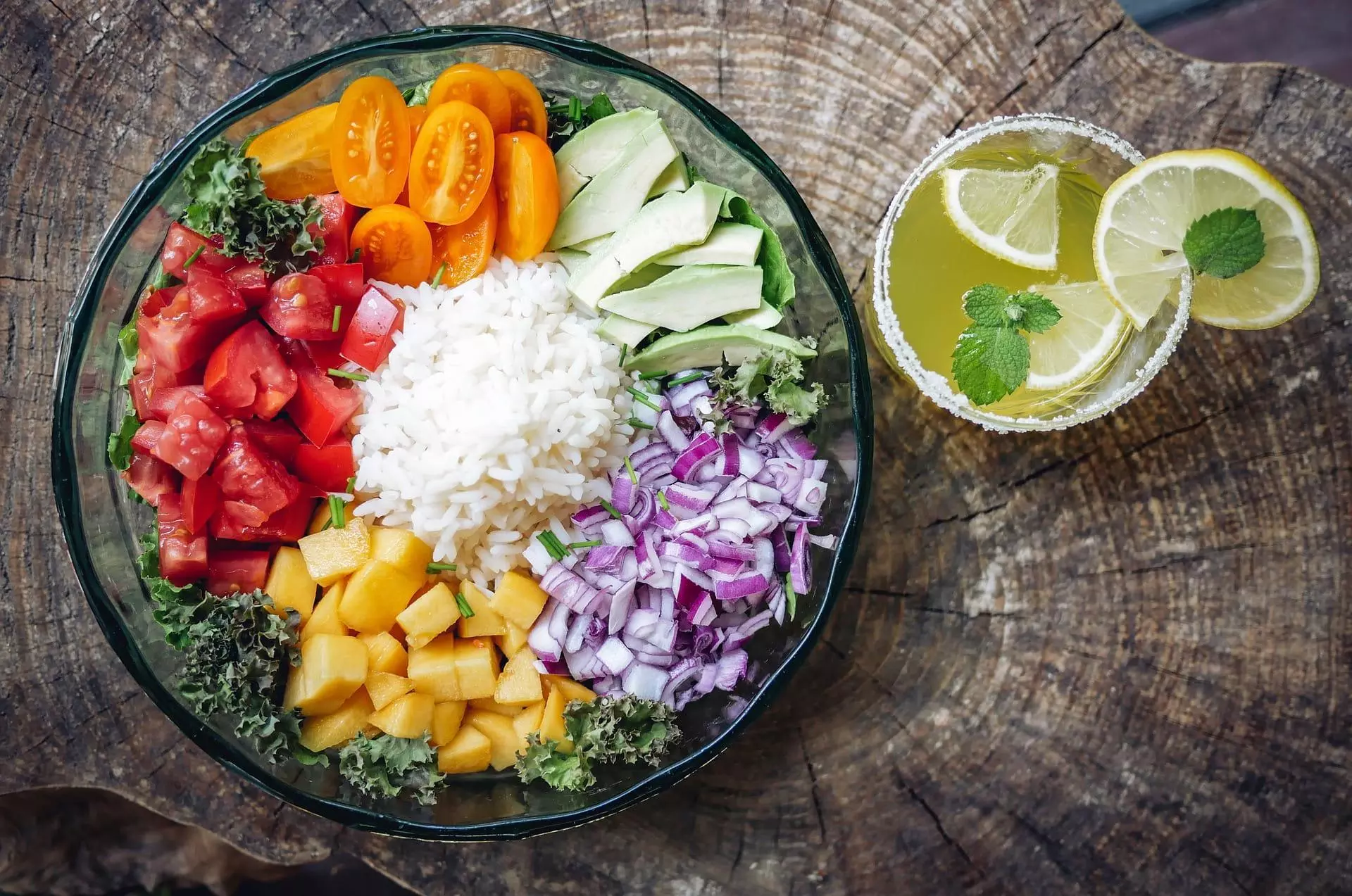 fruit and rice poke bowl